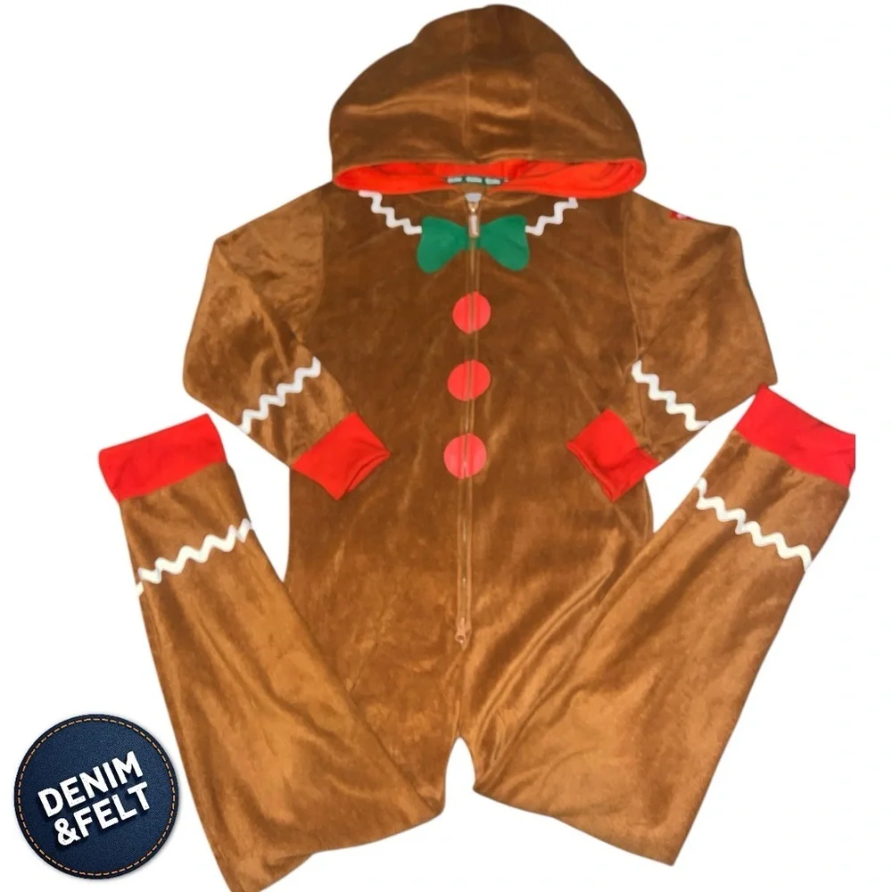 NEW Tipsy Elves Youth XL Gingerbread Man Fleece Jumpsuit Brown Holiday One Piece